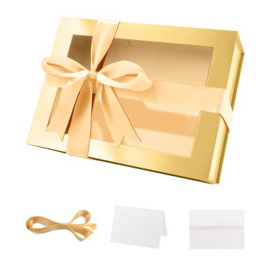 PACKQUEEN Gold Gift Box with Window, 9x6.5x3.8 Inches, Clear Gift Box for Present Contains Ribbon, Card, Bridesmaid Proposal Boxes with Magnetic Lid (Glossy Gold)