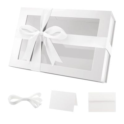 PACKQUEEN Large White Gift Box with Window, 13.5x9x4.1 Inches Clear Gift Box for Present Contains Ribbon, Card, Bridesmaid Proposal Box with Magnetic Lid (Glossy White)