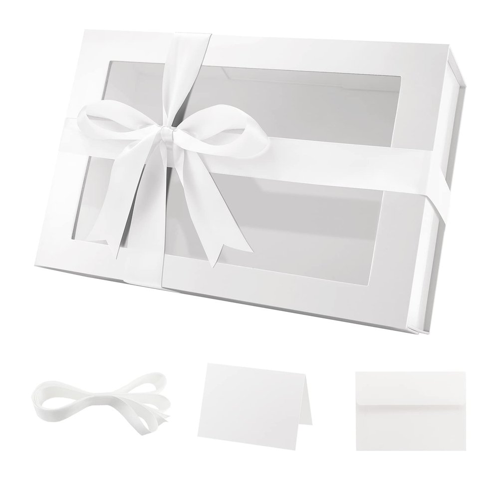 PACKQUEEN Large White Gift Box with Window, 13.5x9x4.1 Inches Clear Gift Box for Present Contains Ribbon, Card, Bridesmaid Proposal Box with Magnetic Lid (Glossy White)