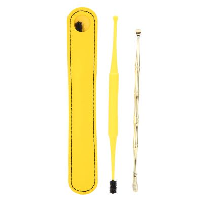 DOACT Ear Cleaner Set, Spring Ear Spoon Tools with Brush Stainless Steel Storage Bag Yellow