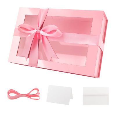 PACKQUEEN Large Pink Gift Box with Window, 13.5x9x4.1 Inches Clear Mothers Day Gift Box for Present Contains Ribbon, Card, Bridesmaid Proposal Box with Magnetic Lid (Glossy Pink)