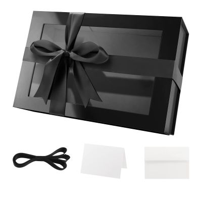 PACKQUEEN Large Black Gift Box with Window, 13.5x9x4.1 Inches Clear Gift Box for Present Contains Ribbon, Card, Groomsman Proposal Box with Magnetic Lid (Glossy Black)