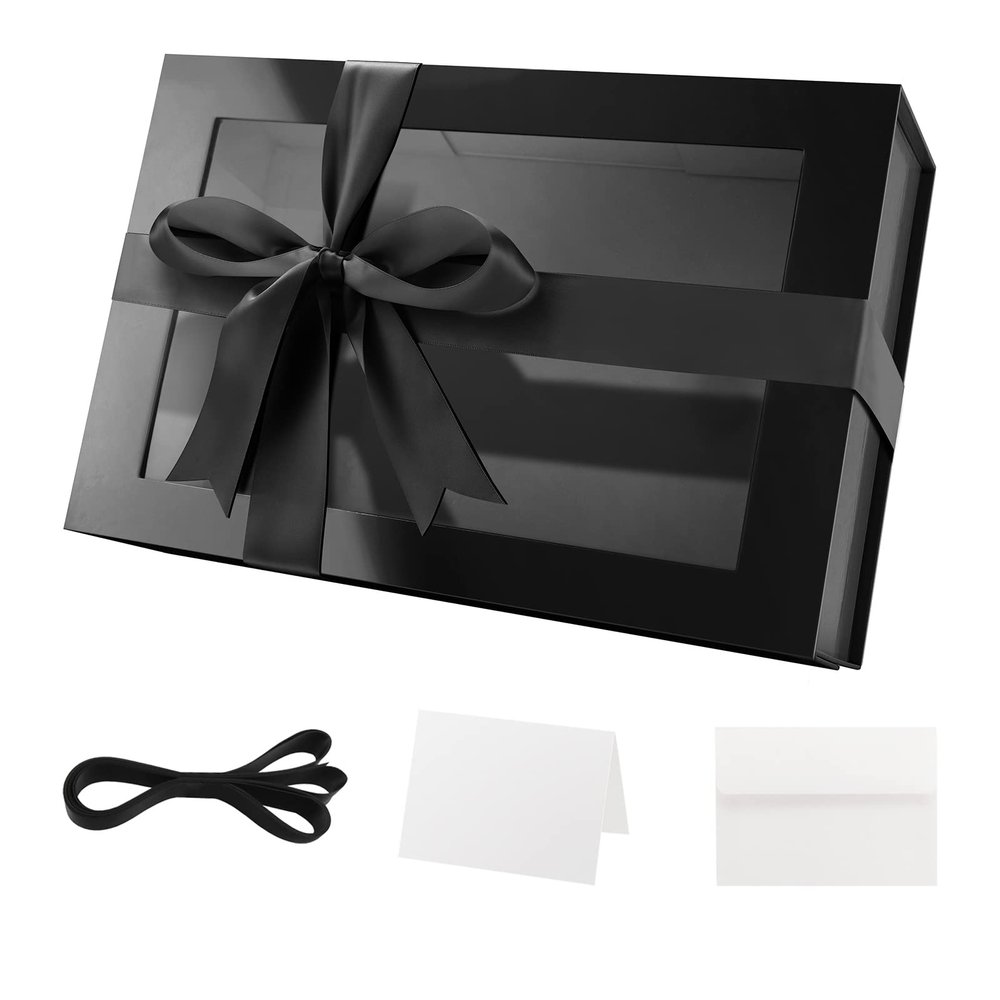 PACKQUEEN Large Black Gift Box with Window, 13.5x9x4.1 Inches Clear Gift Box for Present Contains Ribbon, Card, Groomsman Proposal Box with Magnetic Lid (Glossy Black)