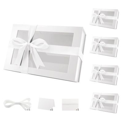 PACKQUEEN 5 Large White Valentine's Day Gift Boxes with Windows, 13.5x9x4.1 Inches Clear Gift Boxes for Presents Contain Ribbons, Cards, Bridesmaid Proposal Boxes, Boxes with Magnetic Lids (Glossy White)