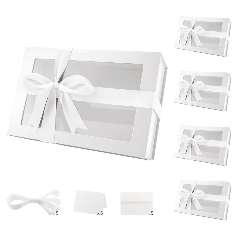 PACKQUEEN 5 Large White Valentine's Day Gift Boxes with Windows, 13.5x9x4.1 Inches Clear Gift Boxes for Presents Contain Ribbons, Cards, Bridesmaid Proposal Boxes, Boxes with Magnetic Lids (Glossy White)