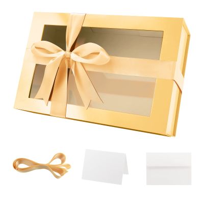 PACKQUEEN Large Gold Gift Box with Window, 13.5x9x4.1 Inches Clear Gift Box for Present Contains Ribbon, Card, Bridesmaid Proposal Box with Magnetic Lid (Glossy Gold)