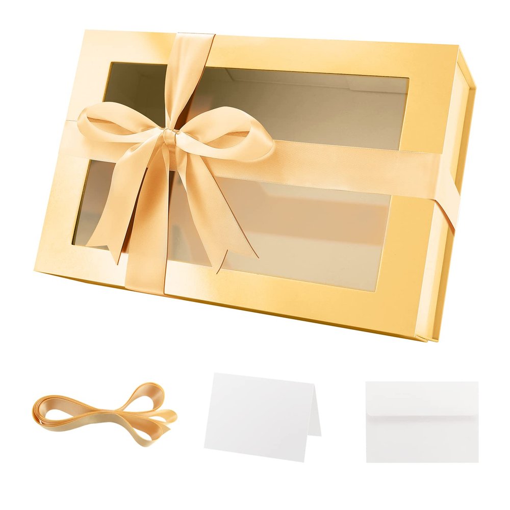 PACKQUEEN Large Gold Gift Box with Window, 13.5x9x4.1 Inches Clear Gift Box for Present Contains Ribbon, Card, Bridesmaid Proposal Box with Magnetic Lid (Glossy Gold)