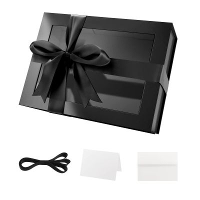 PACKQUEEN Black Gift Box with Lid and Window, 9x6.5x3.8 Inches, Clear Gift Box for Present Contains Ribbon, Card, Groomsman Proposal Box