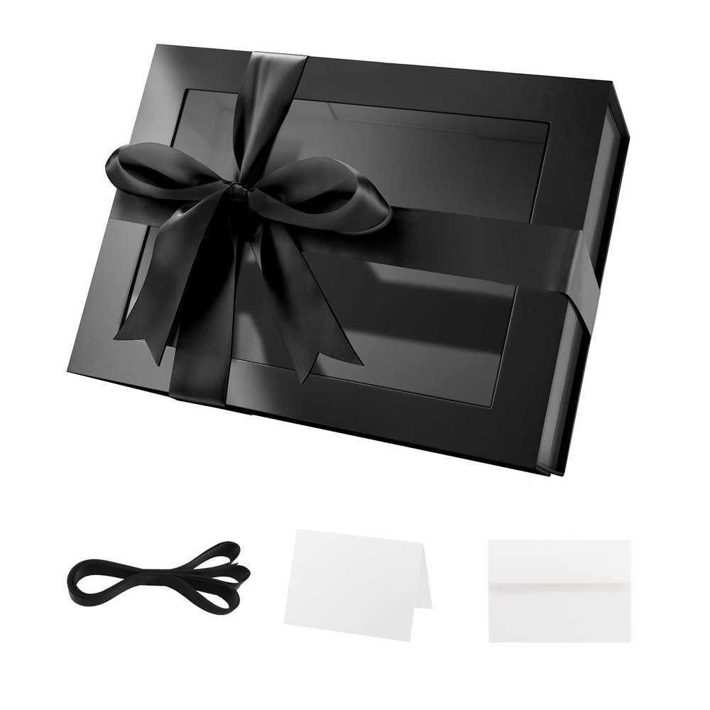 PACKQUEEN Black Gift Box with Lid and Window, 9x6.5x3.8 Inches, Clear Gift Box for Present Contains Ribbon, Card, Groomsman Proposal Box