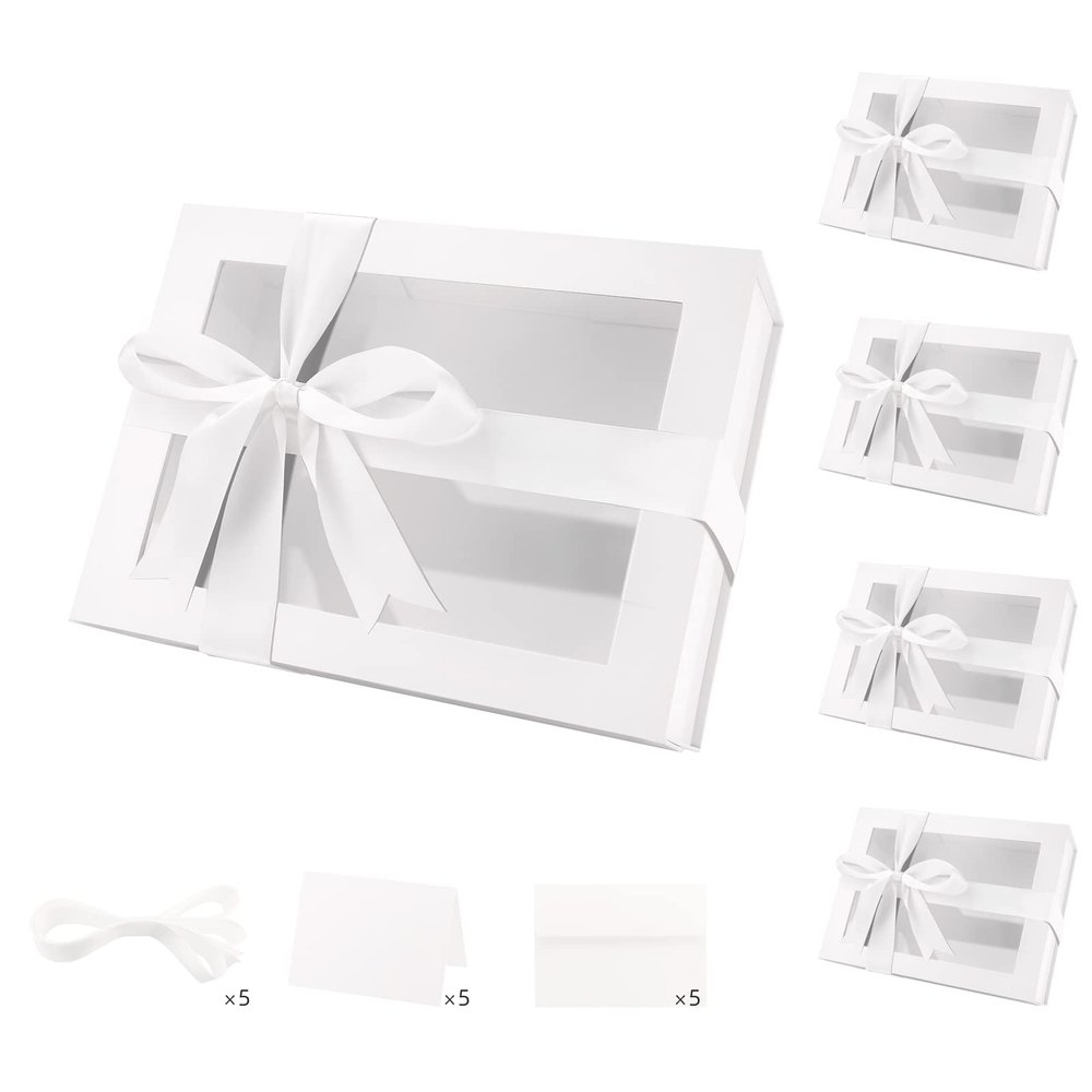 PACKQUEEN 5 White Valentine's Day Boxes with Windows, 9x6.5x3.8 Inches, Clear Gift Boxes for Presents Contain Ribbons, Cards, Bridesmaid Proposal Boxes, Mothers Day Gift Boxes with Magnetic Lids (Glossy White)