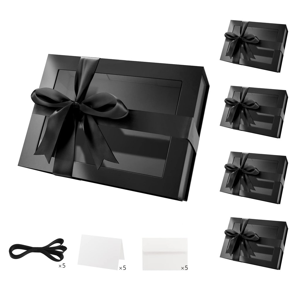 PACKQUEEN 5 Black Gift Boxes with Windows, 9x6.5x3.8 Inches, Clear Gift Boxes for Presents Contain Ribbons, Cards, Groomsmen Proposal Boxes, Boxes with Magnetic Lids (Glossy Black)