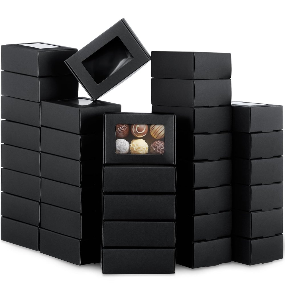 Zonon 300 Pcs Soap Boxes for Homemade Packaging Small Kraft Treat Boxes with Window Present Holder for Candy Bakery Soap Making, 3.7 x 2.6 x 1.4 Inch (Black)