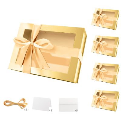 PACKQUEEN 5 Gold Boxes with Windows, 9x6.5x3.8 Inches, Clear Gift Boxes for Presents Contain Ribbons, Cards, Bridesmaid Proposal Boxes, Christmas Gift Boxes with Magnetic Lids (Glossy Gold)