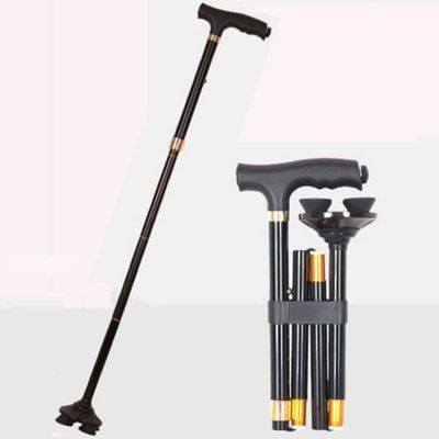 DIBAKO Foldable Elderly Stick, Adjustable Self Standing Cane, Ergonomic Walking Cane with T Handle and LED Light, Red Walker for Seniors Men (Color : Black, Size : with Light+Cleats)