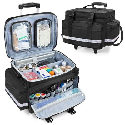 Damero Rolling Medical Bag with Detachable Trolley, Medical Equipment Bag with Removable Pouches and Dividers, First Aid Responder Bag Empty for Home Health Nurses, Doctors, EMT, EMS, Black