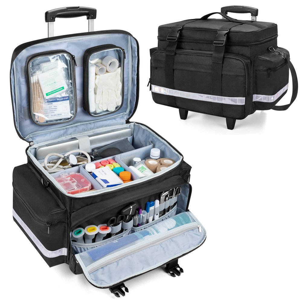 Damero Rolling Medical Bag with Detachable Trolley, Medical Equipment Bag with Removable Pouches and Dividers, First Aid Responder Bag Empty for Home Health Nurses, Doctors, EMT, EMS, Black
