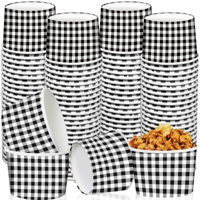 gisgfim 50Pcs Ice Cream Cups, Checked Plaid Snack Bowls, 9 oz Black White Checked Plaid Picnic BBQ Camping Ice Cream Disposable Paper Treat Dessert Bowls Soup Cups for Hot Cold Food Party Supplies