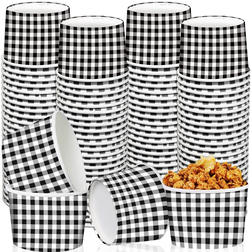 gisgfim 50Pcs Ice Cream Cups, Checked Plaid Snack Bowls, 9 oz Black White Checked Plaid Picnic BBQ Camping Ice Cream Disposable Paper Treat Dessert Bowls Soup Cups for Hot Cold Food Party Supplies