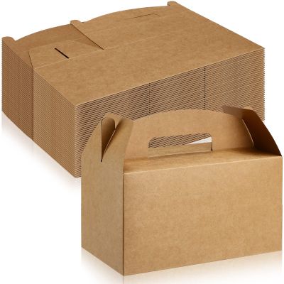 Tinlade 36 Pcs Large Valentine Treat Boxes for Party Favor Bulk 9.5 x 5 x 5 Inches, Kraft Gable Box Cardboard Goodie Cake Treat Container with Handles for Birthday Wedding Picnic(Brown)