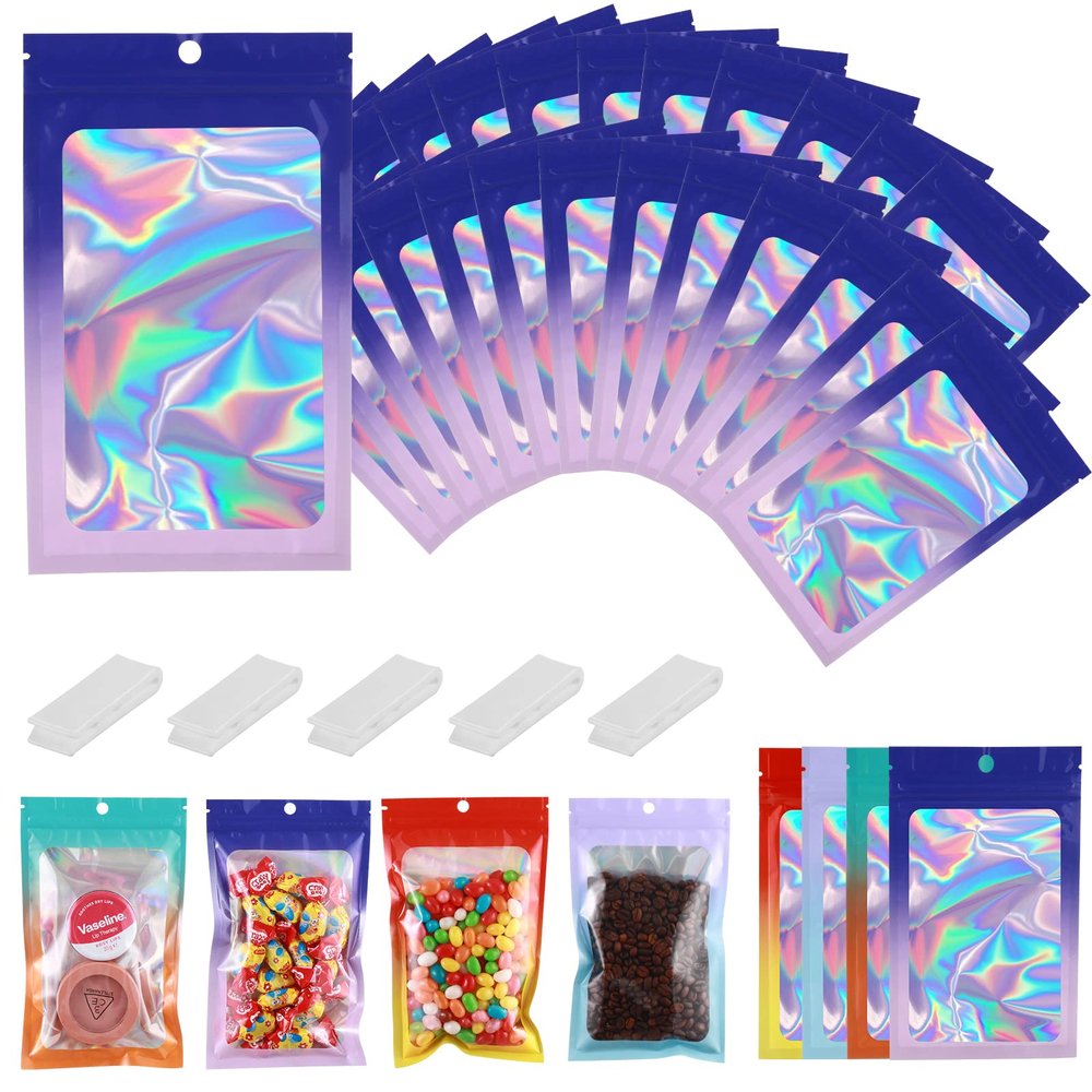 200 PCS 4.7x7.8 Smell Proof Mylar Bags for Food Storage, Resealable Mylar Bags Gradient with Clear Window, Holographic Resealable Packaging Bag for Candy, Cookies and Small Jewelry(purple/pink)