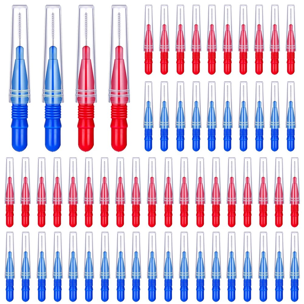 GOUWEIBA 100 pcs Braces Brush Disposable Interdental Brush Toothpick Dental Tooth Flossing Head Oral Dental Hygiene Flosser Dental Hygiene Flosser Tooth Cleaning Tools Oral Flossing Head (Blue+Red)