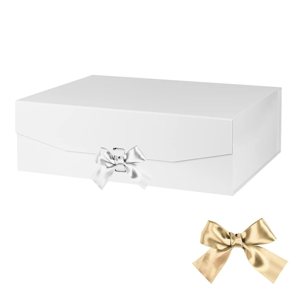 GoooodGift Extra Large White Gift Box 16x14x5.3 Inches, Gift Box with Ribbon with Lid Magnetic Closure, Groomsman Proposal Box, Rectangle Collapsible Gift Boxes for Large Gifts (Matte White)