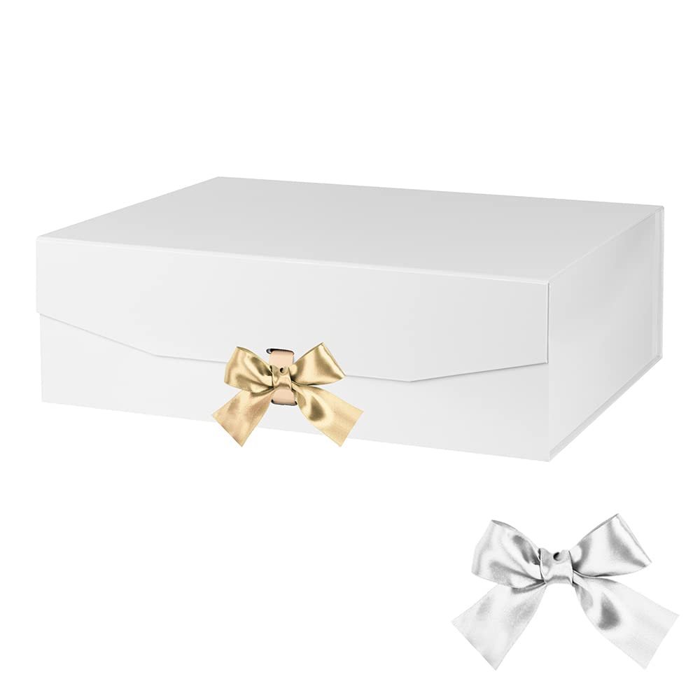 GoooodGift Extra Large White Gift Box 16x14x5.3 Inches, Gift Box with Ribbon Lid Magnetic Closure, Groomsman Proposal Box, Rectangle Collapsible Gift Boxes for Large Gifts (Glossy White)