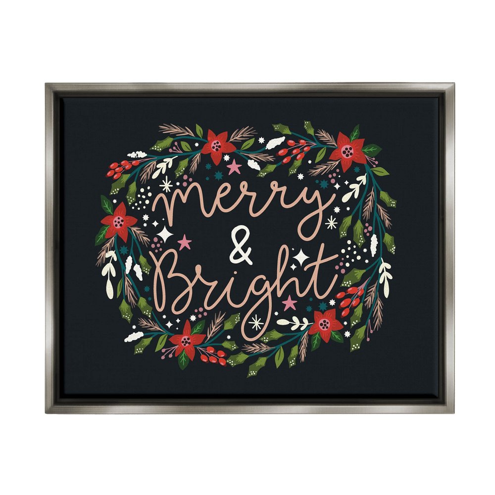 Stupell Industries Merry & Bright Poinsettia Wreath Floating Framed Wall Art, Design by Louise Allen Designs
