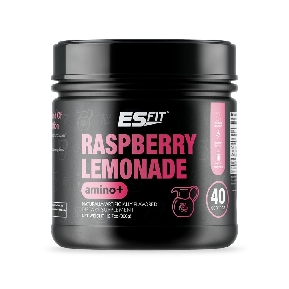 ES FIT Amino+ Powder - Pre and Post Workout with Caffeine + Green Tea Extract - BCAA, Amino Acids, Zero Sugar, Low Calorie, Superior Taste, 40 Servings (Raspberry Lemonade)
