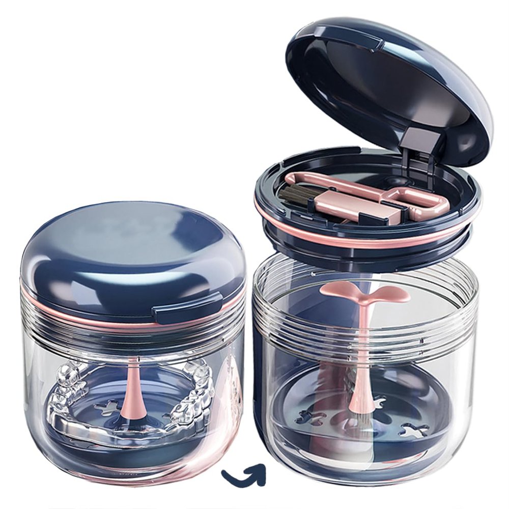 MURRI&MURRDI Denture Bath Case Holder with Mirror & Strainer Basket, Retainer Mouth Guard Soak Container Box, Braces Cleaner Cup, Travel Cleaning Storage for Aligners Dental, Dark Blue