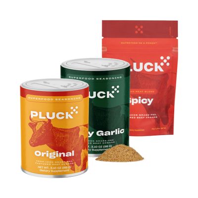 Pluck Original Shaker, Zesty Garlic Shaker, and Spicy Organ Meat Blend Seasoning