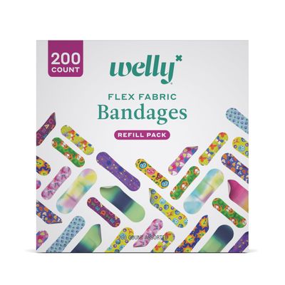 Welly Bandage Refill Ready Pack | FSA Eligible | Adhesive Flexible Fabric Bandages | Bulk Assorted Shapes and Patterns for Minor Cuts, Scrapes, and Wounds - 200 Count