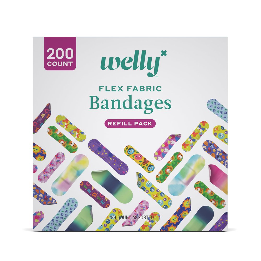 Welly Bandage Refill Ready Pack | FSA Eligible | Adhesive Flexible Fabric Bandages | Bulk Assorted Shapes and Patterns for Minor Cuts, Scrapes, and Wounds - 200 Count