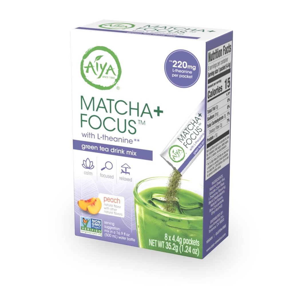 Aiya Matcha+ Focus - Peach Flavored Matcha Drink Mix with L-Theanine - 220mg L-Theanine - Natural Focus Booster - Premium Japanese Matcha Green Tea Powder - 8 Sticks