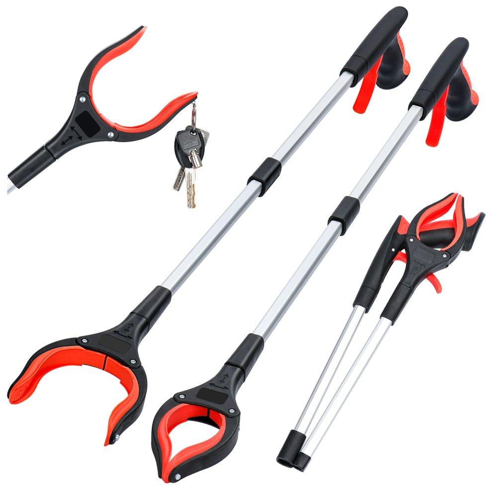 2-Pack Grabber Reacher Tool,32 Inch Extra Long Foldable Pick Up Stick with Strong Grip Magnetic,360Rotating Anti-Slip Jaw,Trash Claw Grabber Tool,Trash Picker Tool for Outdoor & Indoor (Red)