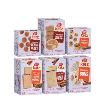 Katz Gluten Free Snacks Cinnamon Lovers Variety Pack. Includes Fresh Baked Cinnamon Buns, Cinnamon Toaster Pastries, Rugelach Plus Cinnamon Donuts & Donut Holes. Gluten Free Snacks For Adults & Kids. Tree Nut Free, Peanut Free, Soy Free. Kosher. (Pac