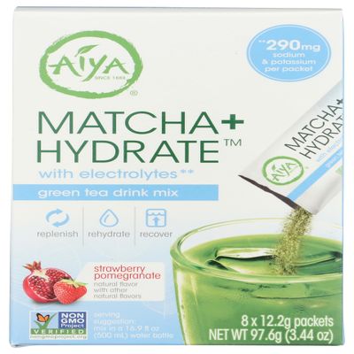 Aiya Matcha+ Hydrate - Strawberry Pomegranate Matcha Drink Mix with Electrolyte - Premium Japanese Matcha Hydrating Powder Blend - 290mg Electrolytes per Packet - Non-GMO - 8 Sticks