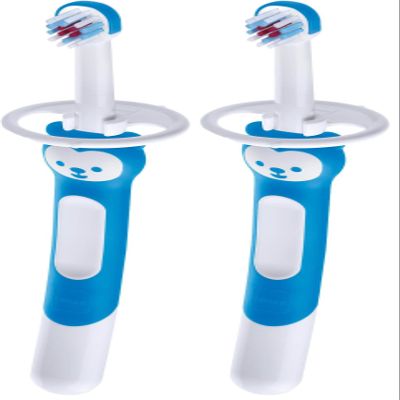 MAM Training Toothbrush for Babies (1 Baby's Brush with Safety Shield), Baby Toothbrush with Brushy The Bear Character, Interactive App, for Boys 5+ Months, Blue (Pack of 2)