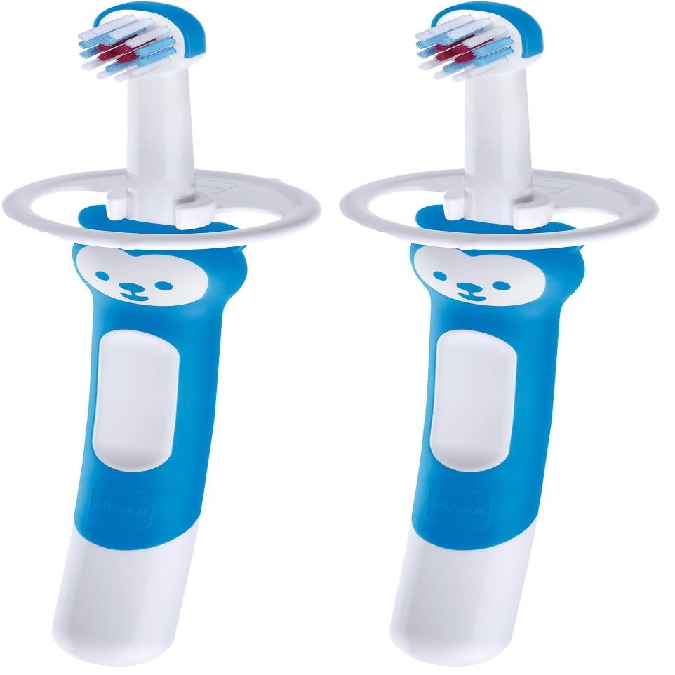MAM Training Toothbrush for Babies (1 Baby's Brush with Safety Shield), Baby Toothbrush with Brushy The Bear Character, Interactive App, for Boys 5+ Months, Blue (Pack of 2)