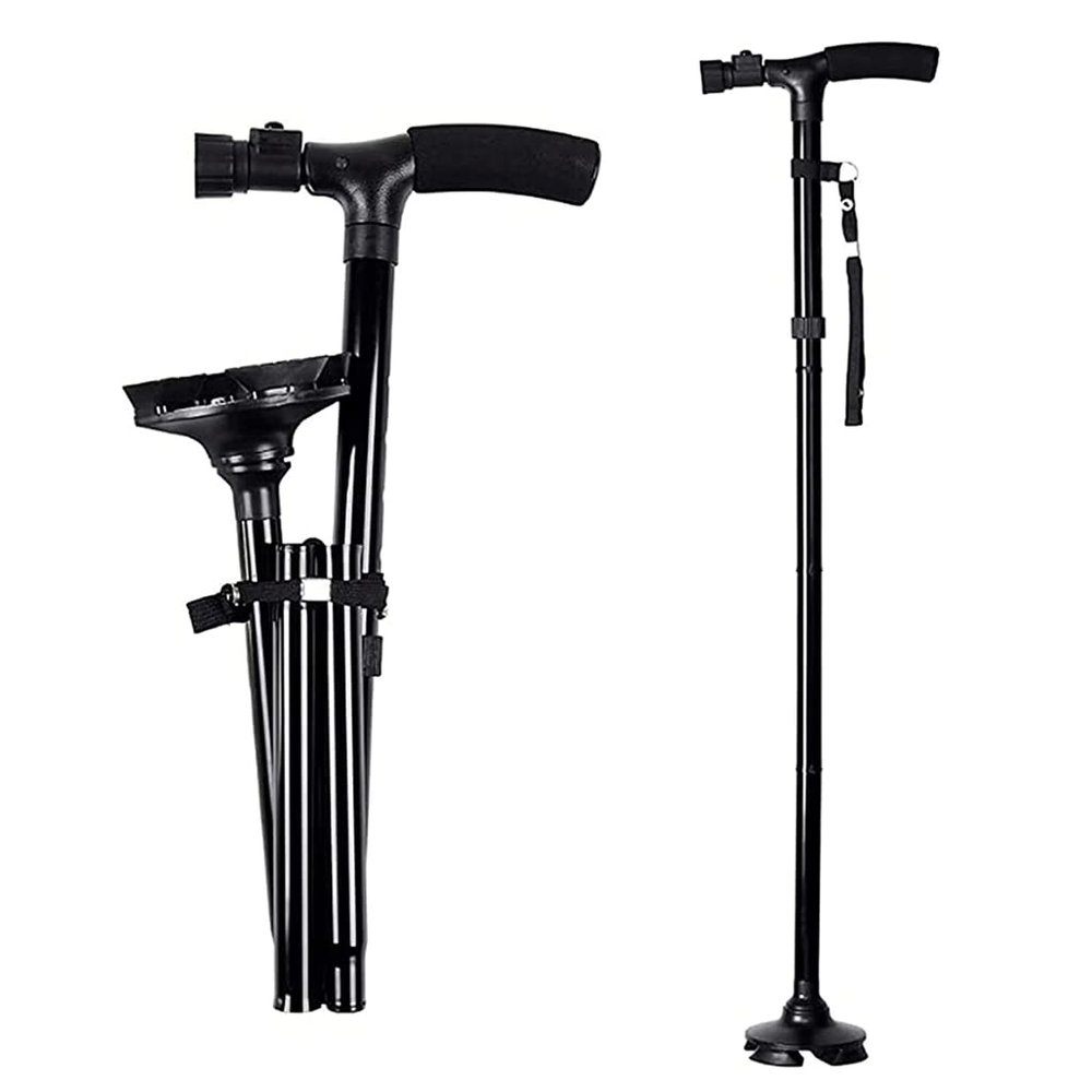 Adult Crutches Folding Cane with Led Light Adjustable Height T-Handle and Quadruped Base for Adults/Elderly/Disabled