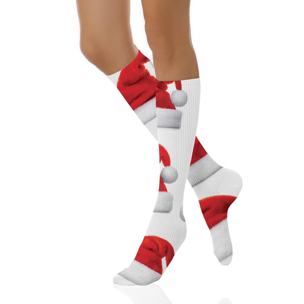 VeJerKK Christmas Womens Compression Socks,Classical Santa Claus Hats Xmas,Compression Stockings for Women,Circulation Best for Running Athletic Cycling,White Red -20"
