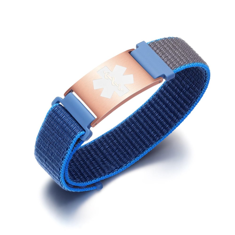 JUST MEET YOU Personalized Sport Medical Alert Bracelets for Women Men, Custom Medical ID Bracelets with Free Engraving, Adjustable Hook and Loop Wristband Emergency Bracelet (Blue/Rose Gold Tag)