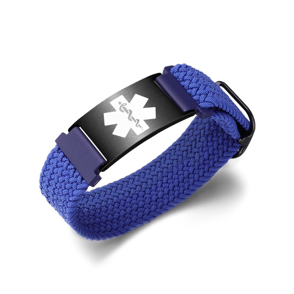 JUST MEET YOU Personalized Medical Alert Bracelets for Women Men, Custom Sport Medical ID Bracelets with Free Engraving, Adjustable Nylon Elastic Wristband Emergency Bracelet (Dark Blue/Black Tag)