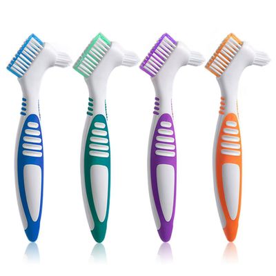 Octuitey Denture Brush 4Pcs Denture ToothbrushesDenture Cleaning Care Cleaning Brush Double Sided ToothbrushMulti-Layered Bristles and Rubber Anti-Slip Handle (Purple, Green, Blue, Orange)