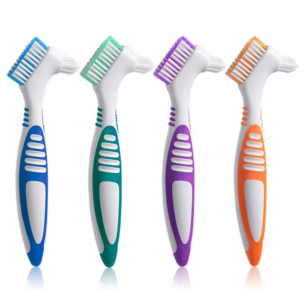 Octuitey Denture Brush 4Pcs Denture ToothbrushesDenture Cleaning Care Cleaning Brush Double Sided ToothbrushMulti-Layered Bristles and Rubber Anti-Slip Handle (Purple, Green, Blue, Orange)