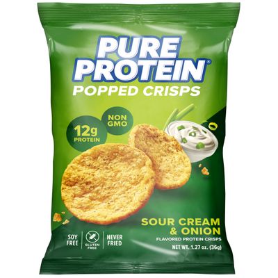 Pure Protein Sour Cream & Onion Popped Crisps - 12g Plant Based Protein, Gluten Free, Non GMO, Vegan, Air Popped & Puffed Crisps Healthy Protein Snacks 12 Pack