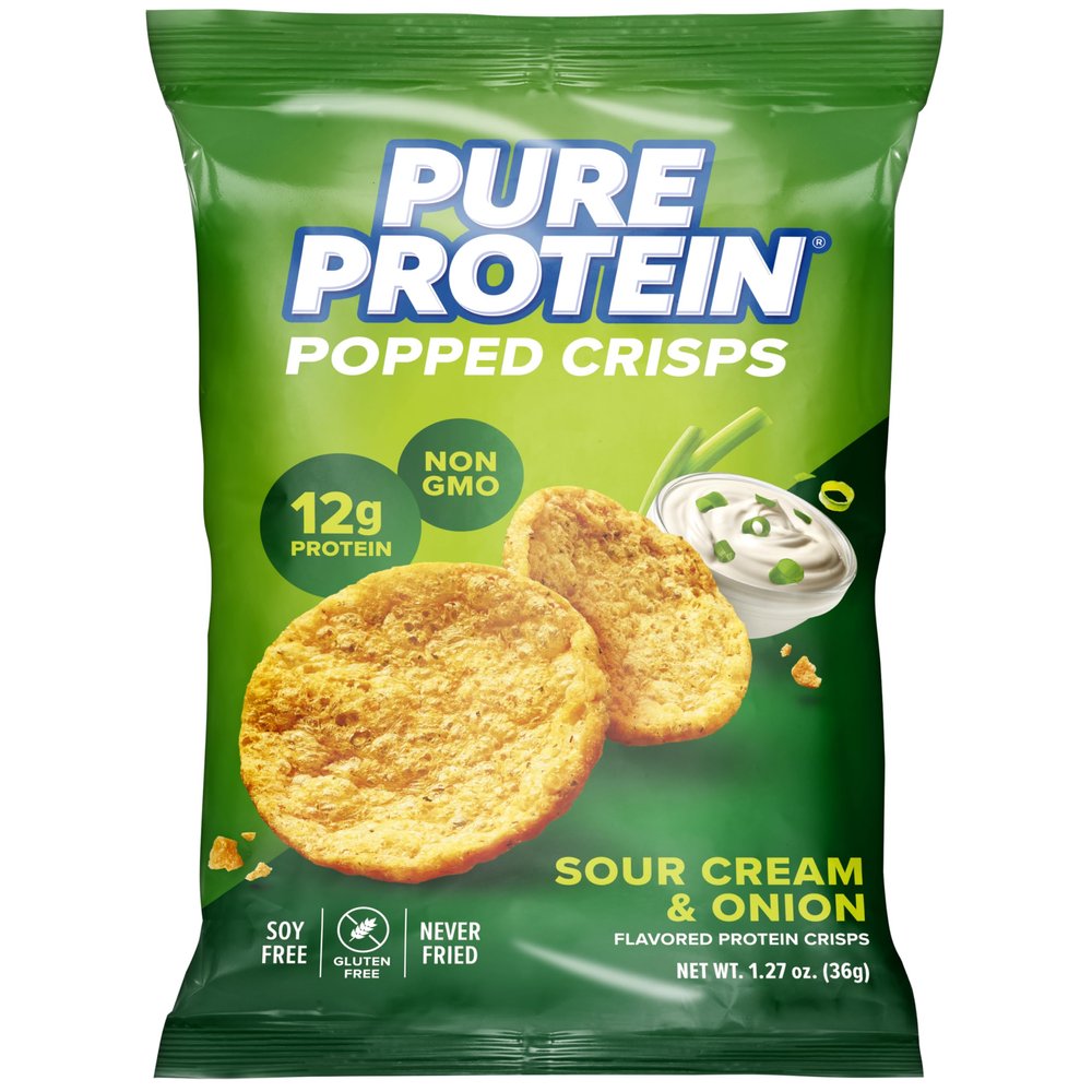 Pure Protein Sour Cream & Onion Popped Crisps - 12g Plant Based Protein, Gluten Free, Non GMO, Vegan, Air Popped & Puffed Crisps  Healthy Protein Snacks  12 Pack