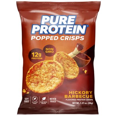 Pure Protein Hickory Barbecue Popped Crisps - 12g Plant Based Protein, Gluten Free, Non GMO, Vegan, Air Popped & Puffed Crisps  Healthy Protein Snacks  12 Pack