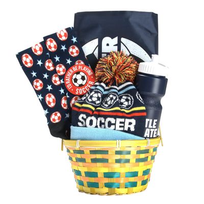 ChalkTalkSPORTS Soccer Easter Basket - Prefilled Soccer Gift Basket for Players & Fans - Socks Size Small