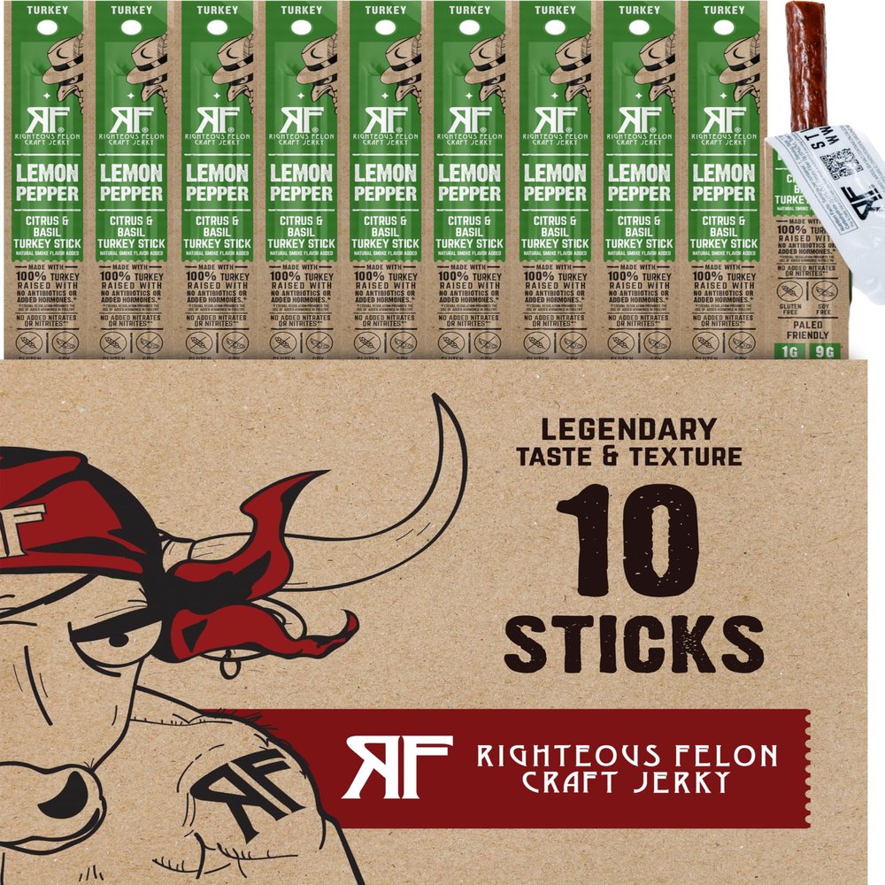 Righteous Felon Meat Sticks | 100% Turkey | 9g Protein per Stick | Keto, Gluten-Free, Low Sugar, High Protein Snack Sticks | Individually Wrapped | Lemon Pepper Turkey Sticks, 10 Count
